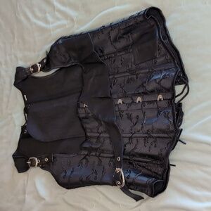 Vest Corset - Black with Embroidery, Faux Leather, and Metal detail - Adjustable